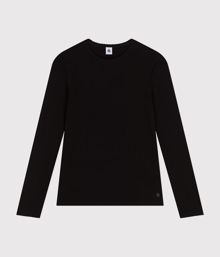 Lang&auml;rmeliges Damen-T-Shirt L'Iconique mit M&auml;usez&auml;hnchenkante aus einfarbigem Rippstrick schwarz BLACK