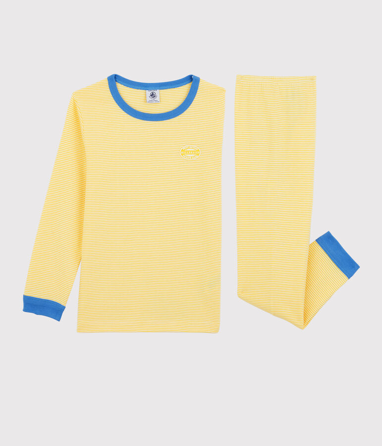 Kinderpyjama aus Bio-Baumwolle mit Ringelstreifen gelb/weiss