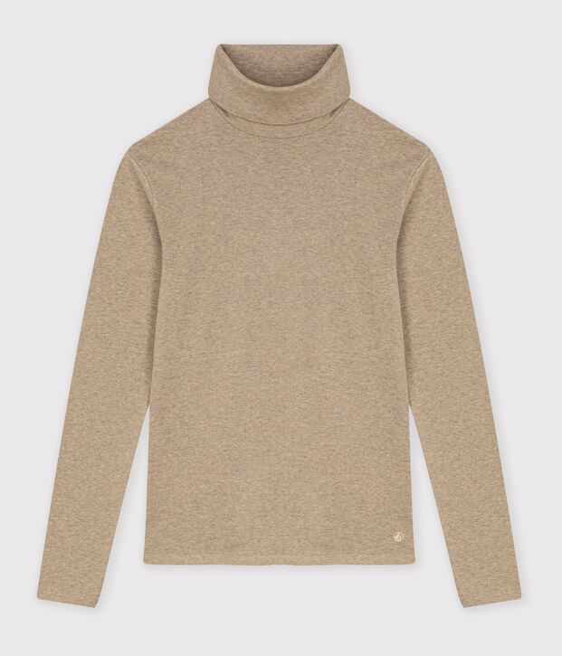 Damen-Rollkragenshirt aus einfarbiger Baumwolle beige