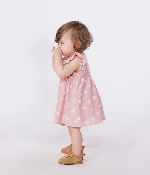 Babykleid mit Bloomer aus gebl&uuml;mtem Musselin-Stoff rosa/weiss
