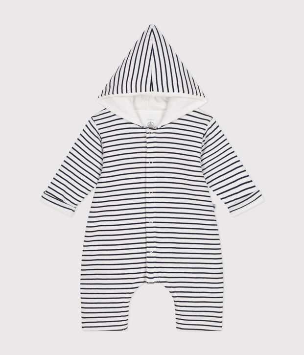 Langer, wattierter Baby-Overall mit Kapuze aus Baumwolle weiss/blau
