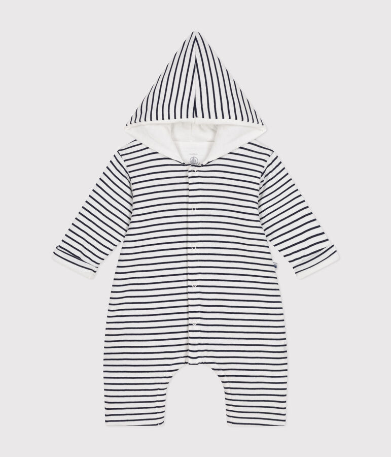 Langer, wattierter Baby-Overall mit Kapuze aus Baumwolle weiss/blau