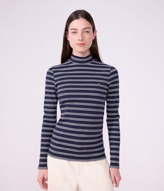 Damen-Rollkragenshirt aus Baumwolle mit Streifen blau/weiss