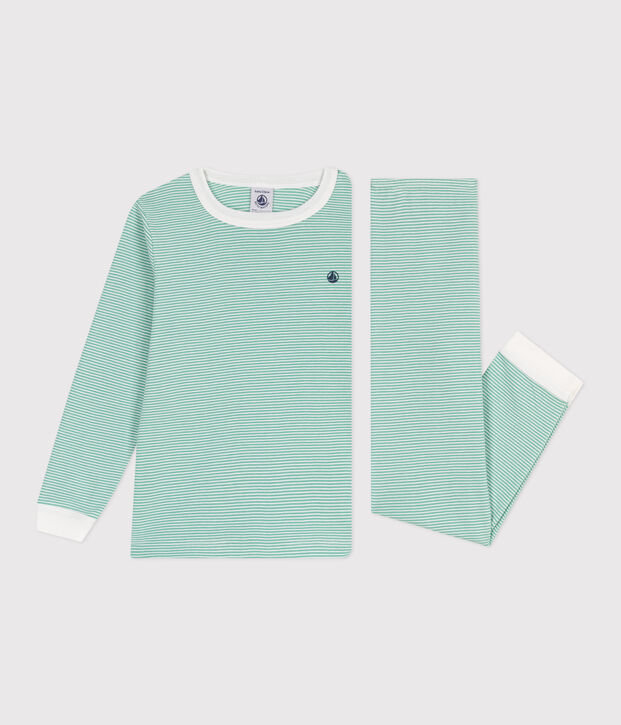 Kinder-Pyjama aus Baumwolle mit Streifen gr&uuml;n/weiss