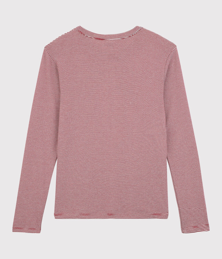 Klassisches Damen-T-Shirt mit Rundhalsausschnitt aus gestreifter Baumwolle rot SANGRIA/ MARSHMALLOW