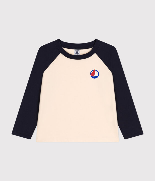 Lang&auml;rmeliges Kinder-T-Shirt aus feinem Jersey f&uuml;r Jungen naturfarben/blau