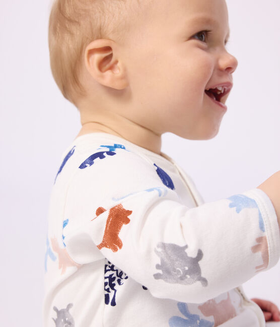 Strampler aus aufgerautem Molton mit Hundemotiv weiss MARSHMALLOW/weiss MULTICO