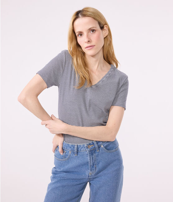 Damen-T-Shirt L'Iconique aus Baumwolle mit V-Ausschnitt, gestreift blau SMOKING/weiss MARSHMALLOW