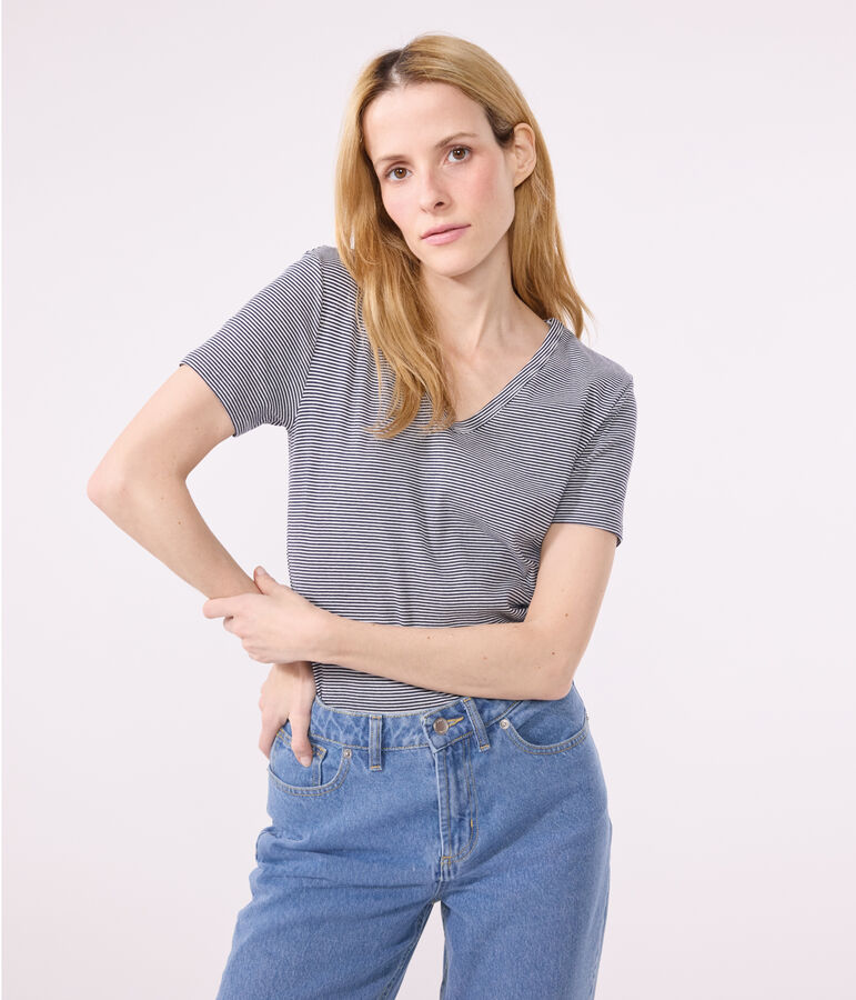 Damen-T-Shirt L'Iconique aus Baumwolle mit V-Ausschnitt, gestreift blau/weiss