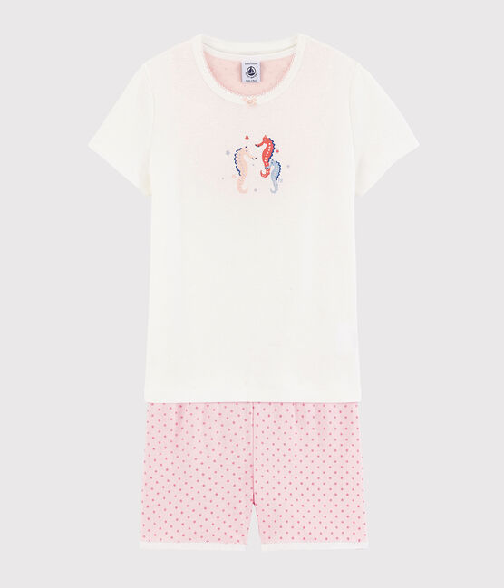 Kinder-Kurzpyjama aus Baumwolle mit Seepferdchenmotiv für Mädchen weiss MARSHMALLOW/rosa GRETEL