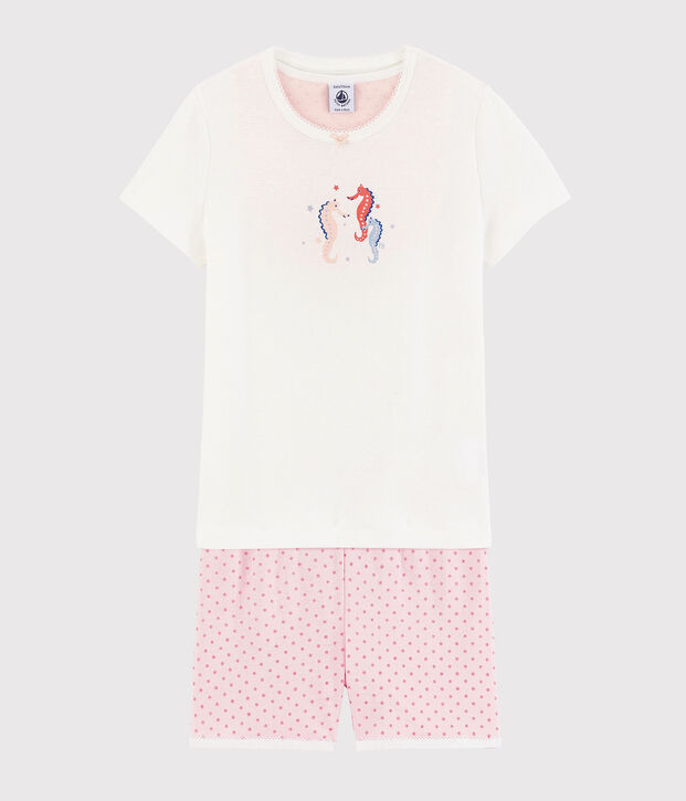 Kinder-Kurzpyjama aus Baumwolle mit Seepferdchenmotiv f&uuml;r M&auml;dchen weiss/rosa