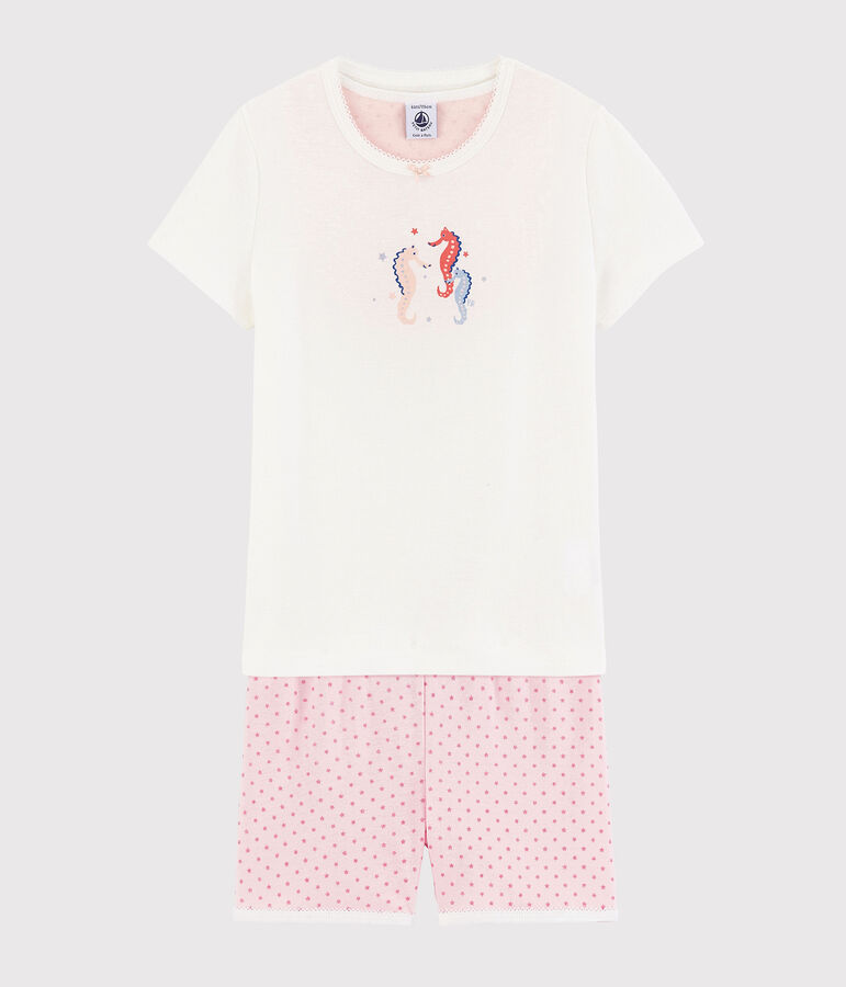 Kinder-Kurzpyjama aus Baumwolle mit Seepferdchenmotiv f&uuml;r M&auml;dchen weiss/rosa