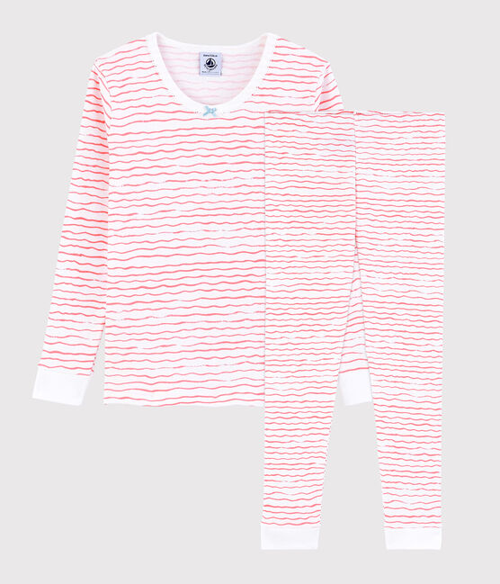 Snugfit-Kinderpyjama aus Baumwolle mit rosafarbenen Wellen für Mädchen weiss MARSHMALLOW/rosa GRETEL