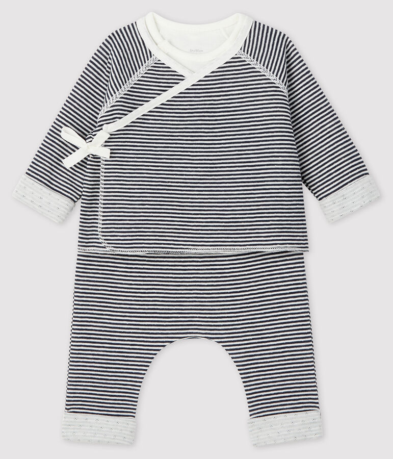 Dreiteiliges Baby-Set aus Doppeljersey blau/weiss
