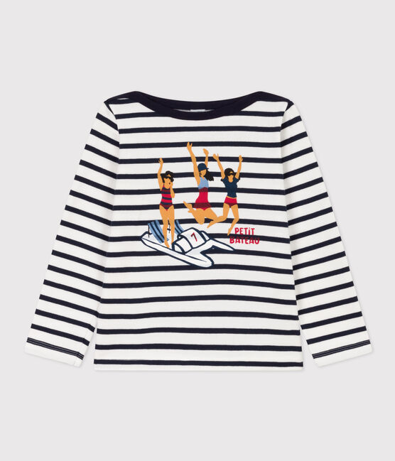 Kinder-Streifenshirt aus dichter Baumwolle für Mädchen, mit Siebdruck weiss MARSHMALLOW/blau SMOKING