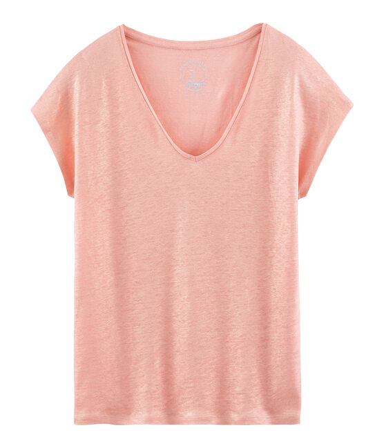 Kurzärmeliges einfarbiges schillerndes leinen-t-shirt damen rosa ROSAKO/rosa COPPER