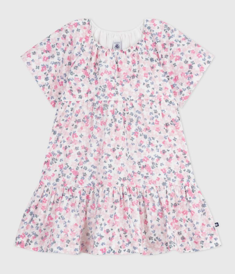 Kurz&auml;rmeliges Kinder-Kleid aus bedruckter Baumwolle weiss/vielfarbig