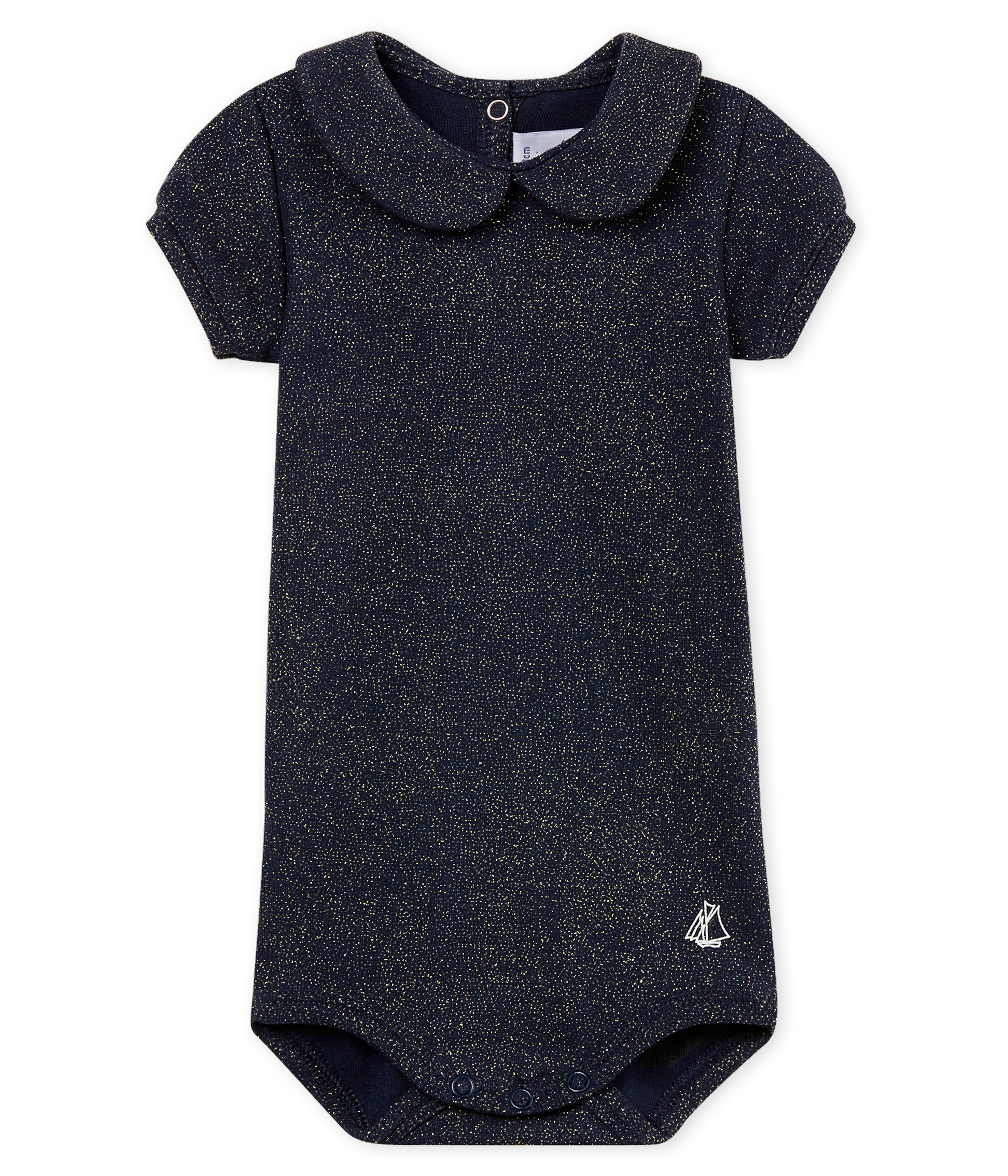 Kurzärmeliger baby-body mit glänzendem bubikragen mädchen