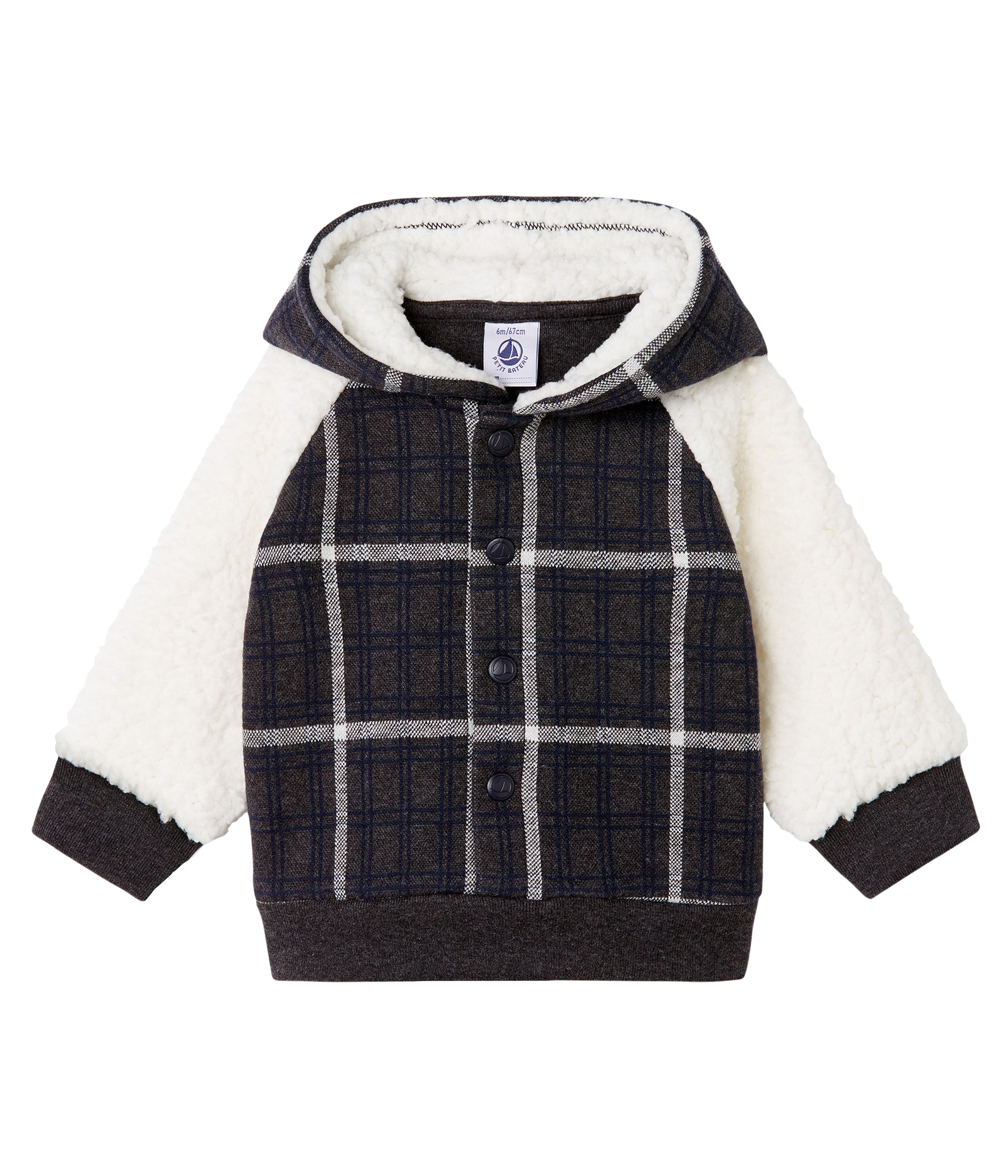 Kariertes Baby-Strick-Kapuzensweatshirt für Jungen mit Sherpa in Schaffelloptik.